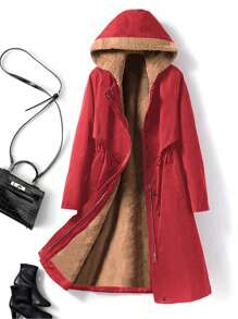 SHEIN LUNE Chaqueta con capucha gruesa para mujer talla grande, de manga larga, con cordón en la cintura, unicolor, para Año Nuevo