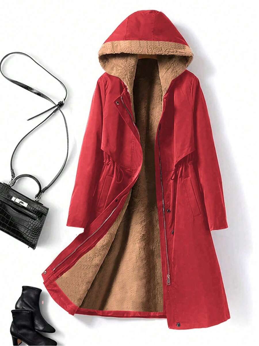 SHEIN LUNE Plus Size Women Winter Solid Color Long Sleeve Drawstring Waist Hooded Loose Thick Zip-Up Jacket For New Year Clothes - Red - View 1