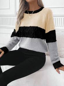 SHEIN LUNE Women Casual Crew Neck Raglan Sleeve Long Sleeve Contrast Color Sweater, Autumn/Winter Knit Pullover Fall - Multicolor - View 6