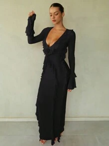 SHEIN BAE 1 chiếc váy dài tay xẻ tà cổ chữ V sâu màu đỏ trơn cho nữ, thanh lịch và gợi cảm, thích hợp mặc vào mùa thu/đông làm lớp lót, tiệc cocktail, hẹn hò lãng mạn, tiệc tùng, phù dâu dự tiệc cưới, đi chơi đêm, Halloween, Giáng sinh - màu đen - Xem 3