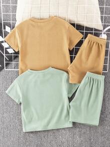 SHEIN Leap Crew 4pcs/Set Young Boys/Girls Preppy Casual Cute Daily Comfortable Solid Blue Round Neck Drop Shoulder Pullover Top And Casual Shorts Outfit Set, Suitable For Commuting, School, Daily Gathering, Autumn/Winter Season, Back To School Outfits, Fall Outfits, Kids Clothes Boys, Shirt Set, Young Boy Clothes, Fall Shirts, Kids Shirts - Multicolor - View 2