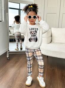 SHEIN Leap Crew 2 件套少女针织纯色毛绒熊图案套头衫和格子裤套装 - 彩色 - 查看 3