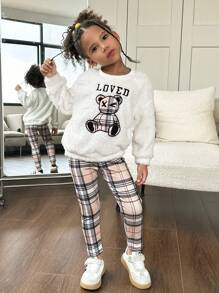 SHEIN Leap Crew 2 件套少女针织纯色毛绒熊图案套头衫和格子裤套装 - 彩色 - 查看 6