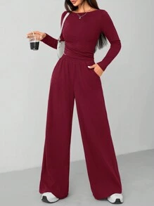 SHEIN PETITE Conjunto de dos piezas informal y cómodo para otoño e invierno, compuesto por top entallado de punto + pantalón de pierna ancha en gris oscuro