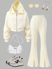 SHEIN 2pcs Girls Textured Hoodie Jacket + Flare Slit Pants Set - Apricot - View 1