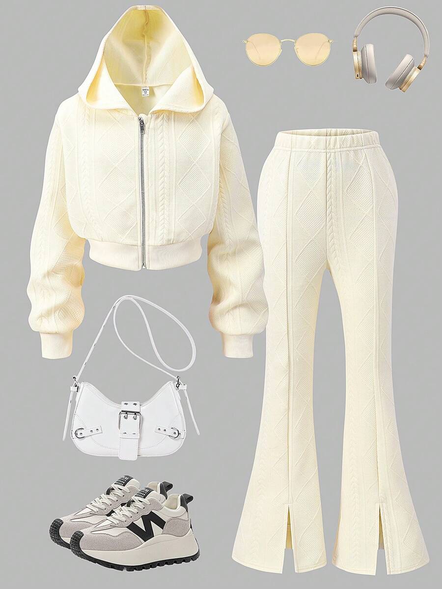 SHEIN 2pcs Girls Textured Hoodie Jacket + Flare Slit Pants Set - Apricot - View 1