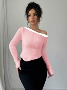 SHEIN Unity New Style Oblique Shoulder Contrast Fitted Pullover Sweater Knit Pullover Fall Winter - Pink - View 5