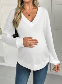 SHEIN Plain V-Neck Comfortable Maternity T-Shirt - White - View 1