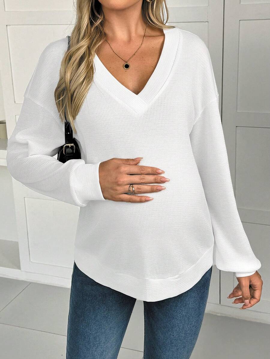 SHEIN Plain V-Neck Comfortable Maternity T-Shirt - White - View 1