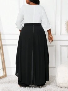 SHEIN Lady 女士时尚优雅休闲通勤 3D 花卉装饰不对称下摆黑色连体裤 - 彩色 - 查看 2