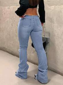 NVFelix Nuevos jeans de mujer para otoño, versátiles, con efecto desgastado, de talle bajo, con bolsillos, acampanados y de corte slim, para volver al colegio, color azul claro