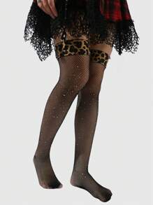ROMWE Grunge Punk 1 双女式闪亮水钻装饰豹纹大腿高筒网袜，适合所有季节