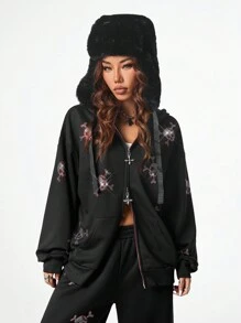 SHEIN EZwear 1 件女式休闲骷髅图案前拉链长袖运动衫 - 黑色 - 查看 5