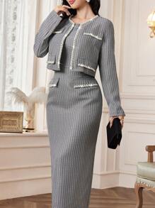 Modelyn Autumn Stylish Refined Romantic Embellished Pearl Long Sleeve Jacket & Round Neck Sleeveless Dress 2pcs Suit Set For Women 2 Pieces Set - Black and White - View 7