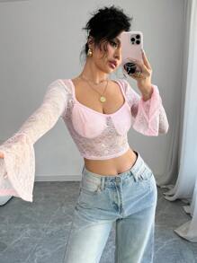 Chiquease 1-Piece Set Women's Pink Lace Transparent Solid Color Sweetheart Square Neck Fit Bell Long-Sleeved Top Hot Girl Suitable For Dating And Going Out To Take Photos As A Bottoming Spring And Summer Top Fall Cloth For Women