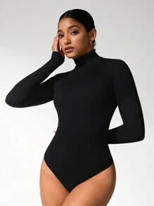 Easithlete 女士纯色弹力立领修身长袖无缝连体裤 - 黑色 - 查看 4