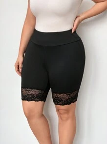 SHEIN Privé Plus Contrast Lace Hem Cycling Shorts - Black - View 4