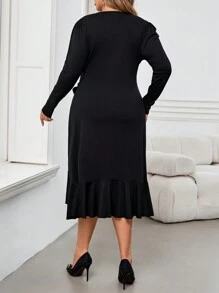 SHEIN Clasi 大码女式纯色 V 领长袖荷叶边拼接优雅连衣裙，秋季 - 黑色 - 查看 2