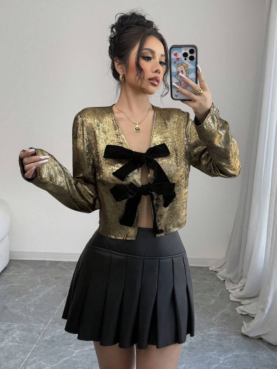 Selianne Women's Bowknot Tie Collar Colorblock Button Down Shirt For New Year Holiday Party Clothes - Gold - View 1