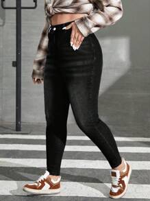 SHEIN EZwear 大码女式口袋紧身休闲弹力牛仔裤 - 黑色 - 查看 3