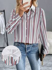 SHEIN Clasi Women's Front Button Long Sleeve Striped Collared Blouse, Minimalist Casual Top For Daily Wear Women Shirt