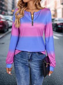 SHEIN LUNE Casual Gradient Print Round Neck Lantern Sleeve T-Shirt, Autumn Graphic Tees Women Tops