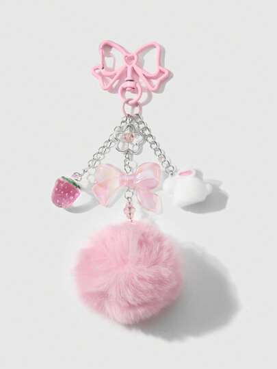Kawaii 1 pièce Style coréen mignon et doux, de haute qualité avec chaîne en argent, pompon rose, pendentif en résine nœud papillon, fraise et petit lapin floconneux. Convient pour les femmes, usage quotidien ou cadeau de fête de la Saint-Valentin