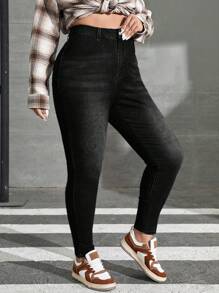 SHEIN EZwear 大码女式口袋紧身休闲弹力牛仔裤 - 黑色 - 查看 4