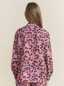 SHEIN Tween Girls Pink Leopard Print Stand Collar Button Front Casual Long Sleeve Loose Shirt, Autumn/Winter - Orange - View 2