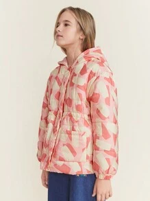 SHEIN 冬季 Tween Girl 休闲双色印花连帽棉服外套 - 粉色 - 查看 6