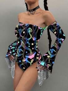 Flirla Body con mangas abullonadas y hombros descubiertos con efecto reflectante iridiscente para mujer