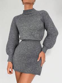 Siren Gaze 秋季女装灰色毛呢连衣裙收腰A字显瘦针织裙灯笼袖高领毛衣连衣裙冬季女装