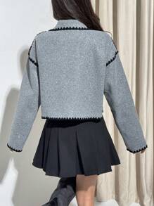 SHEIN EZwear Contrast Color Trim Front Button Pocket Cropped Long Sleeve Overcoat