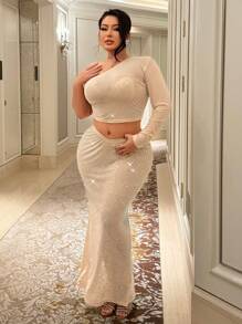 SHEIN SXY Plus Size Women's Party/New Year Sparkly Mesh High Slit Tight Champagne Color Pencil Skirt - Champagne - View 6