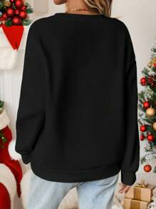 SHEIN LUNE Casual Bow & Antler Pattern Round Neck Long Sleeve Loose Women Hoodies, Autumn/Winter, Christmas