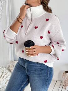 SHEIN LUNE Plus Size Women's Zippered Lapel Heart Jacquard Pullover Sweaterbusiness Casual Woman,Holiday Outfits,Country Tops, For Winter