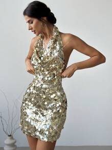 Firerie 新品优雅性感派对露背吊带迷你连衣裙配金色亮片，秋冬 - 金色 - 查看 4