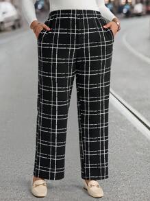 EMERY ROSE Plus Size Women Casual Plaid Pattern Oblique Pocket Long Black Pants, Winter Clothes