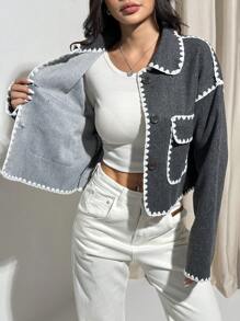 SHEIN EZwear 秋季休闲拼色短款夹克 - 深灰色 - 查看 6