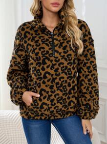 INAWLY Sudadera holgada de casual para otoño/invierno de mujer con estampado de leopardo, manga larga de hombros caídos y cremallera media