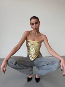 Aloruh 女士短款抹胸，亮片装饰三角形下摆，适合圣诞节和万圣节的合身派对上衣 - 金色 - 查看 5