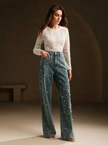 Anewsta Elegant Lace Mesh Floral Hollow See-Through Textured Round Neck Women Knit T-Shirt Undershirt