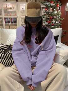 DAZY 女式字母印花落肩长袖宽松圆领运动衫，秋冬，秋季女装 - 紫色 - 查看 3