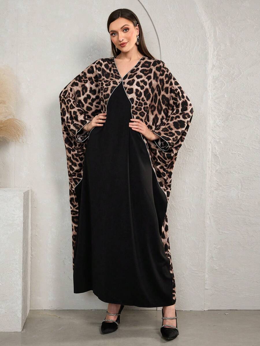 Al Najma 大码女式优雅豹纹拼布宽松长袖阿拉伯连衣裙，秋季，朴素蝴蝶长袍和 Jalabiya，适合休闲日常 - 黑色 - 查看 1