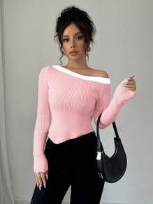 SHEIN Unity New Style Oblique Shoulder Contrast Fitted Pullover Sweater Knit Pullover Fall Winter - Pink - View 4