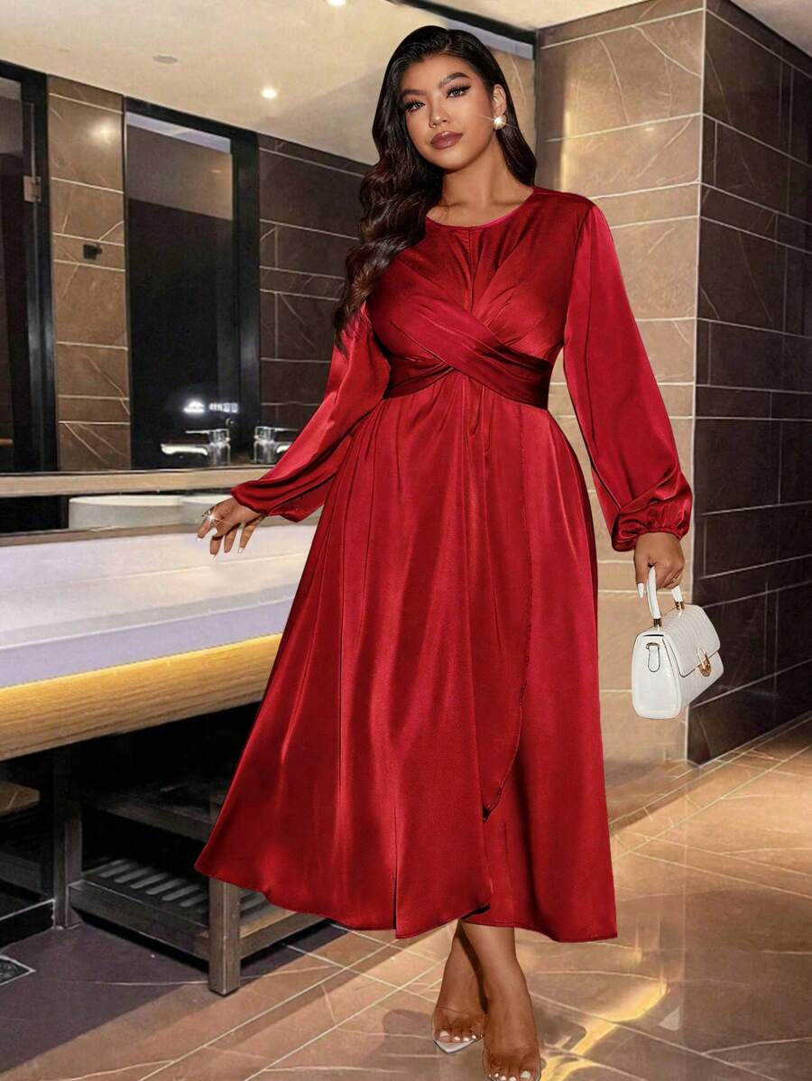 Cravure 圆领交叉系带开衩纯色缎面优雅长裙新年服装长款女装婚礼 - 紅色 - 查看 1