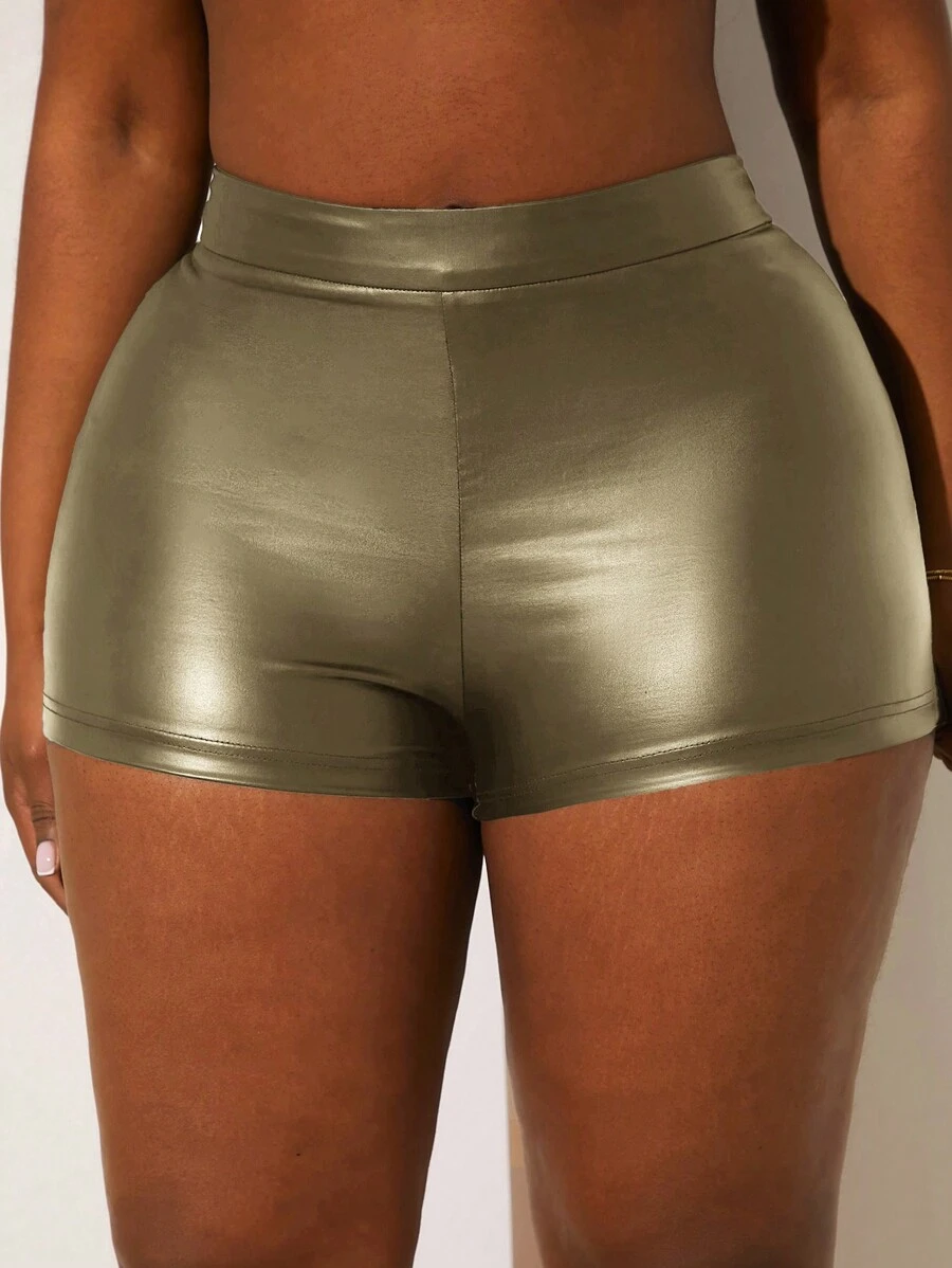 SHEIN SXY 大码纯色弹性腰部紧身性感迷你短裤 - 軍綠色 - 查看 1