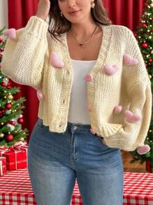SHEIN Privé Plus Size Cozy Casual V-Neck Heart-Shaped 3D Decor Cute Romantic Date Cropped Cardigan For Women, Fall/Winter - Apricot - View 4