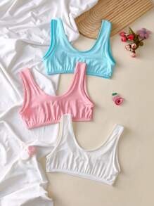 3pcs Comfy Cute Tween Girl Kitty Cat Camisole & Bra Set, Pink, White, Blue - Multicolor - View 2