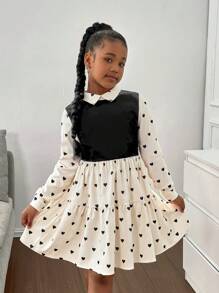 SHEIN Leap Crew Tween Girls Casual Comfy Mock-Neck Patchwork Long Sleeve 2 In 1 Dress - Apricot - View 5